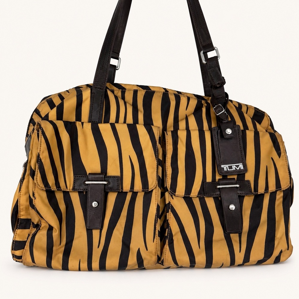 TUMI Tiger Zebra Cortina Boarding Bag Nylon Travel Tote Weekender Leather Trim